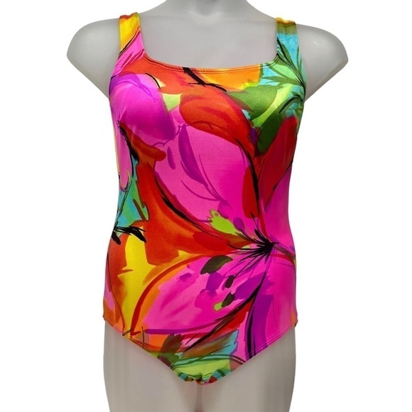 •- Vtg Y2K 90s Neon Swimsuit Cross Back One Piece AA - Picture 3 of 14